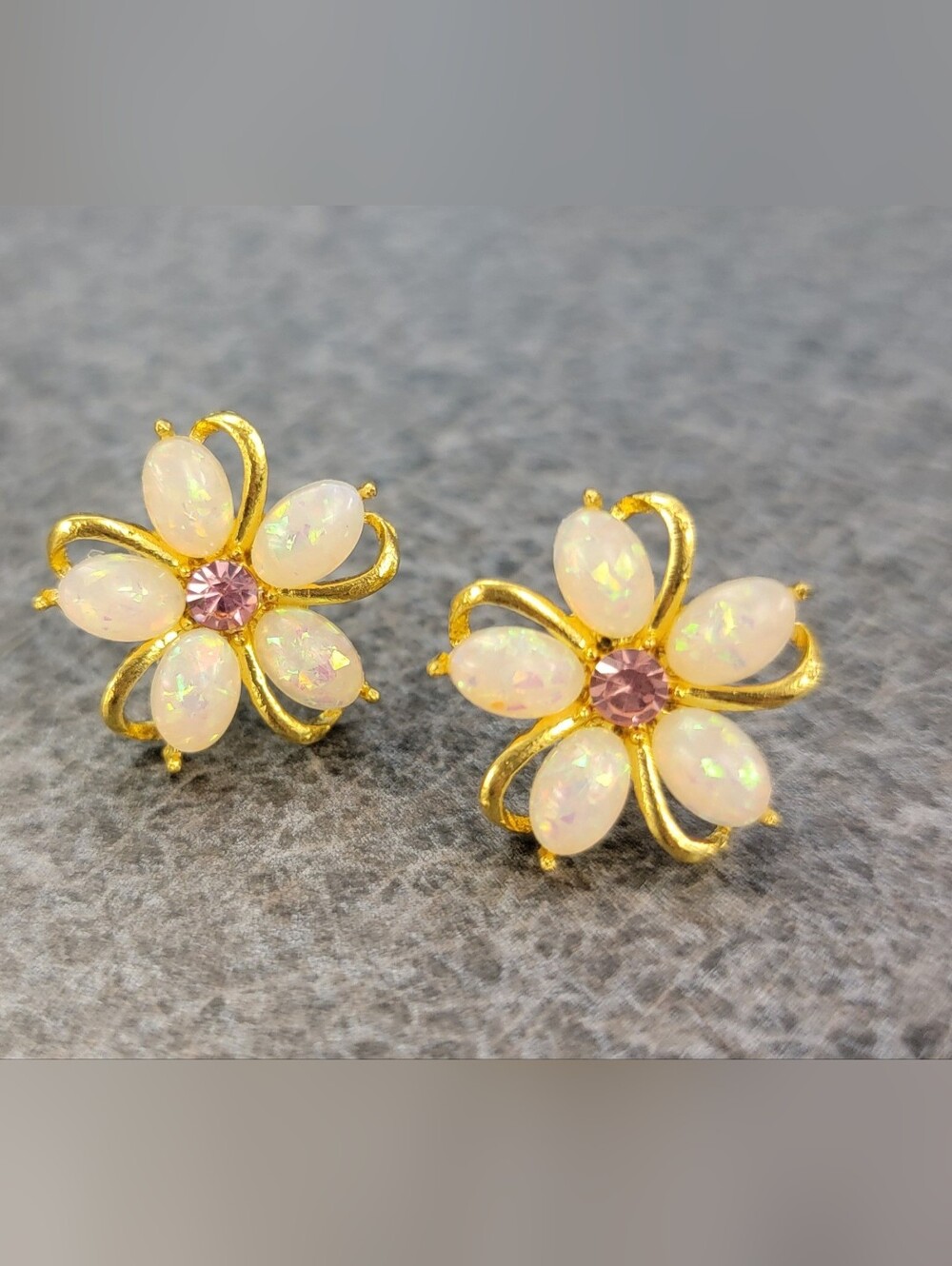 Gold Flower Opalette Stud Earrings with Pink Center